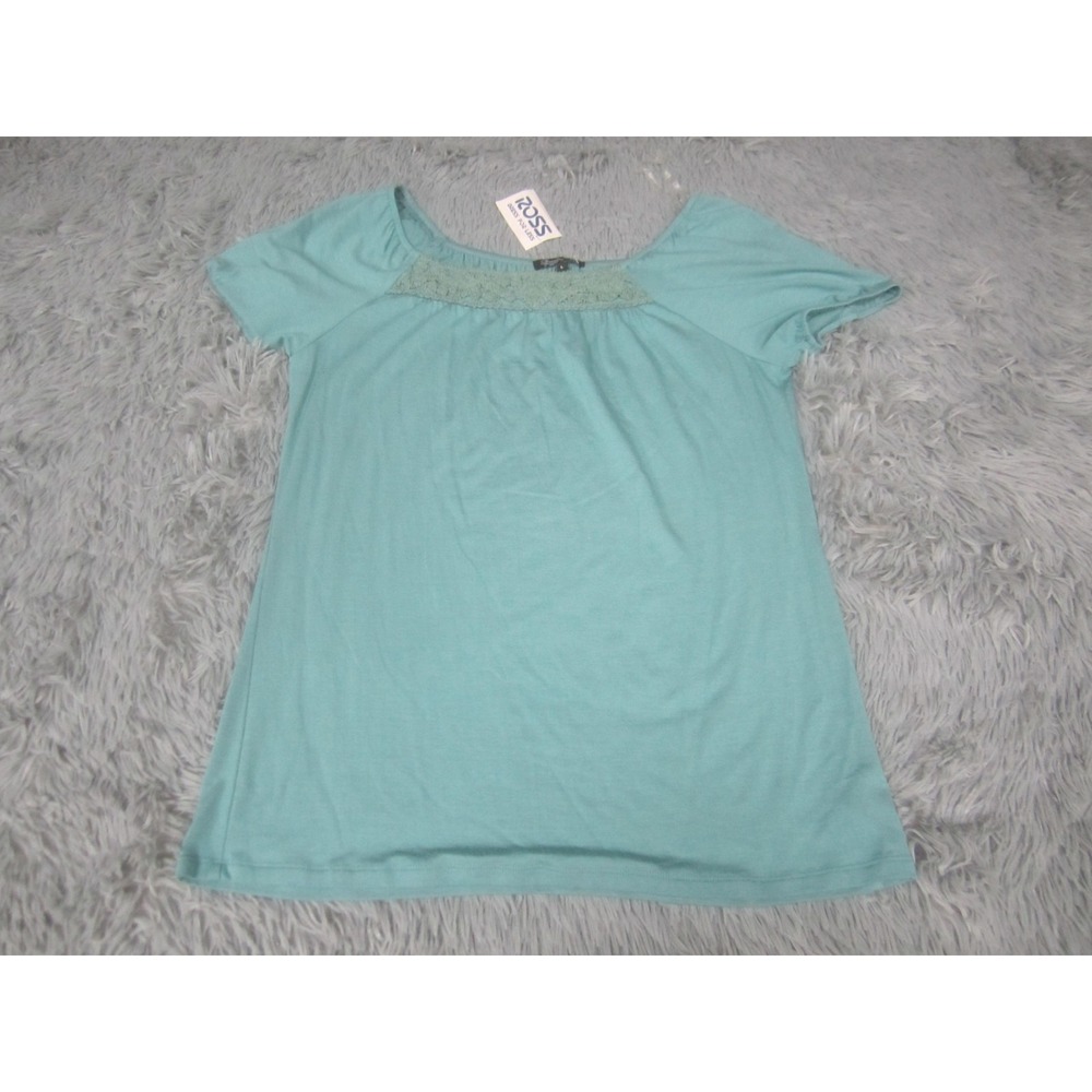 Jessica Max Shirt Womens Large Green Crochet Yoke Scoop Neck Short‎ Sleeve Top